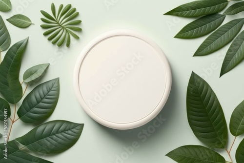 White round template podium mockup with natural organic cosmetic product, green fresh leaves nature frame. AI generated