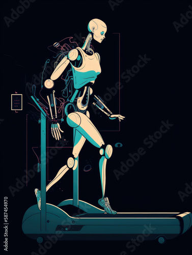 A woman with a robotic arm and leg is seen running at full speed on a treadmill pushing the boundaries of the human body.. AI generation.