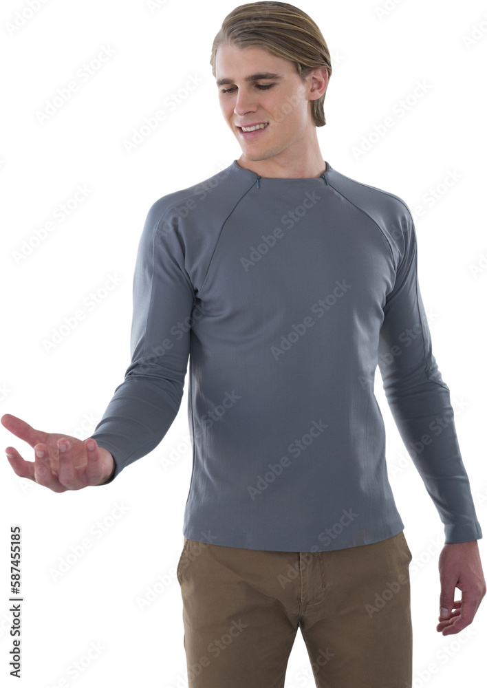 Fototapeta premium Smiling businessman holding invisible product