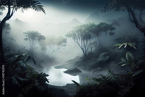 Exotic foggy forest jungle panorama forest. Generative Ai © hassanmim2021