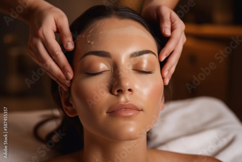 A woman in a beauty salon on a facial massage by a beautician massage therapist. AI generated, human enhanced