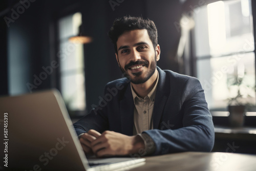 Happy young middle eastern businessman. AI generated, human enhanced.