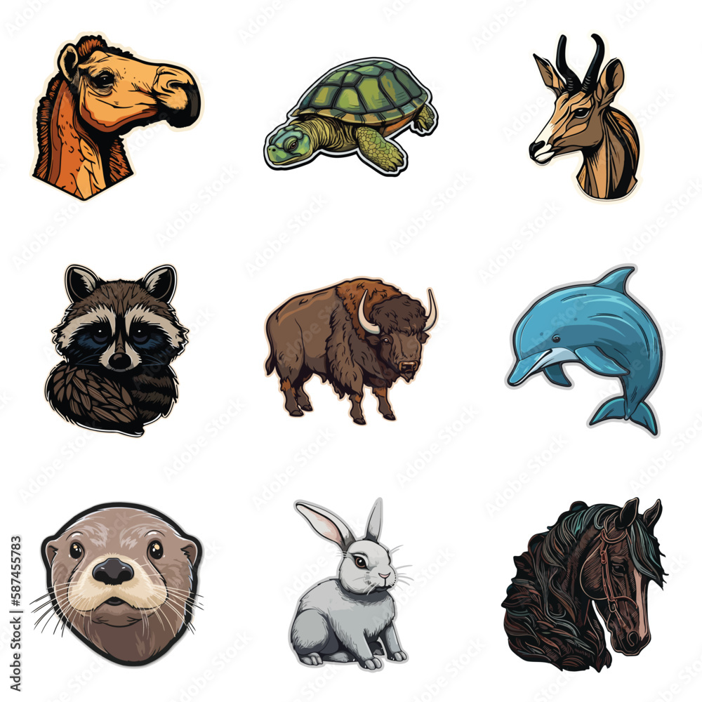 Obraz premium Animals Flat Icon Set Isolated On White Background