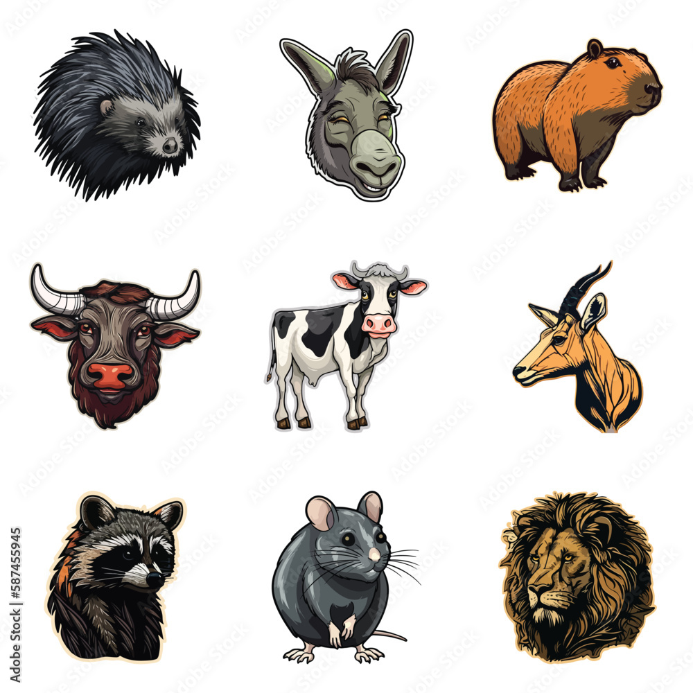 Obraz premium Animals Flat Icon Set Isolated On White Background