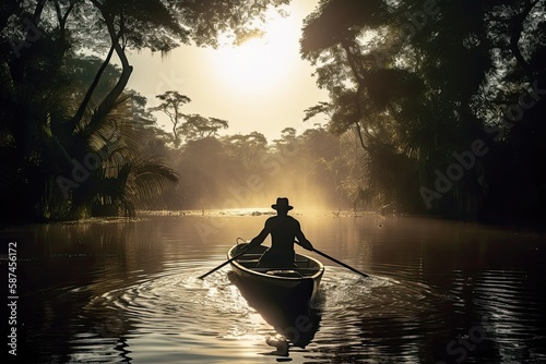 A powerful photo of a man on a boat, journeying through the heart of the Amazon, with the sun shining down and the jungle alive with the sounds of wildlife. 