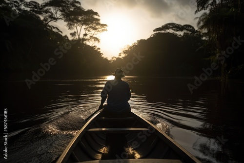 A powerful photo of a man on a boat, journeying through the heart of the Amazon, with the sun shining down and the jungle alive with the sounds of wildlife. 