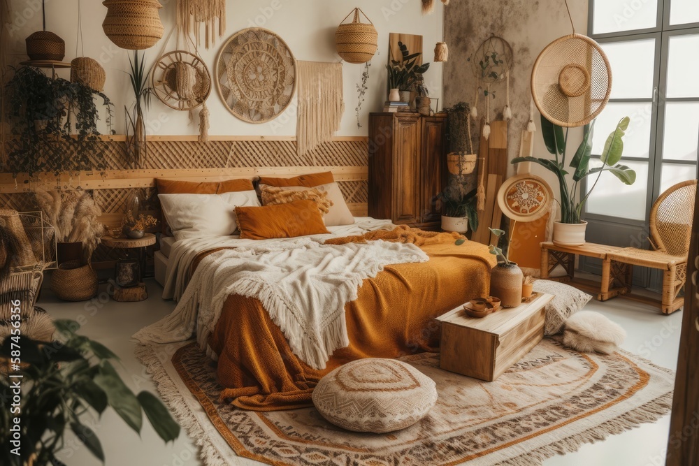 Beautiful boho apartment with hygge bedroom, cushion and comforter on bed, bamboo dressing screen, home décor, dry plants in vase, wicker basket, houseplant on floor. Generative AI - obrazy, fototapety, plakaty 