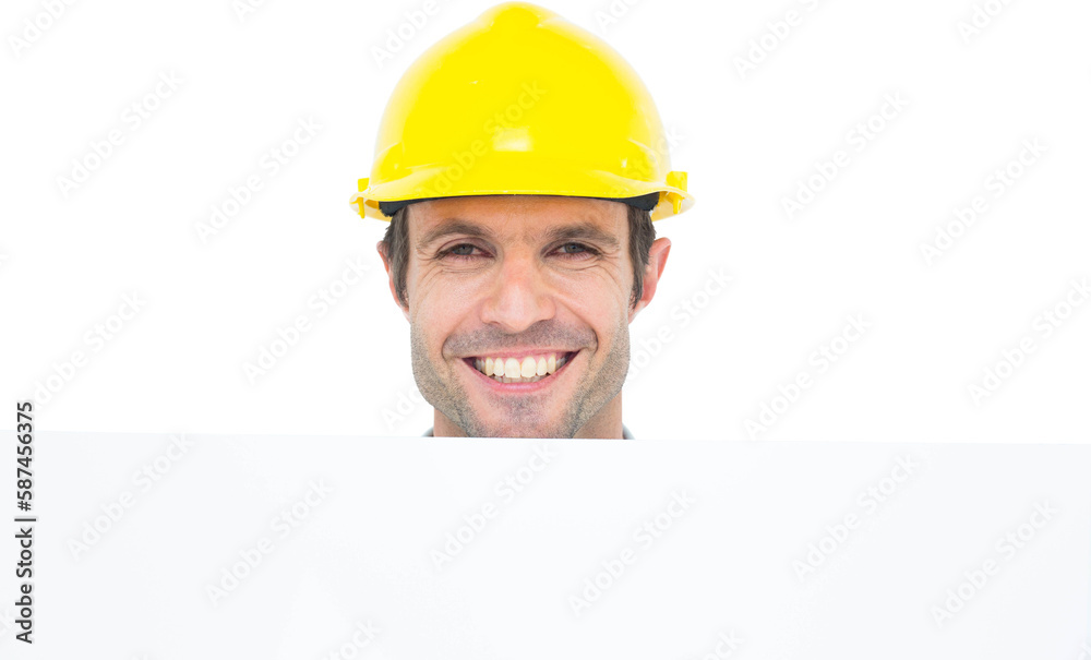 Happy architect with bill board over white background Happy architect with bill board over white background