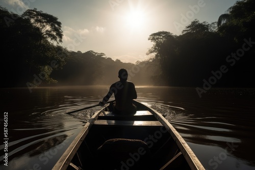A beautiful image of a man on a boat, traveling down the Amazon River, with the sunlight reflecting off the water and the lush jungle providing a stunning backdrop.