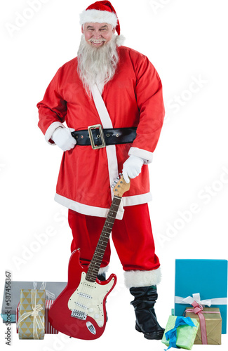 Portrait Santa Claus standing with guitar and gifts