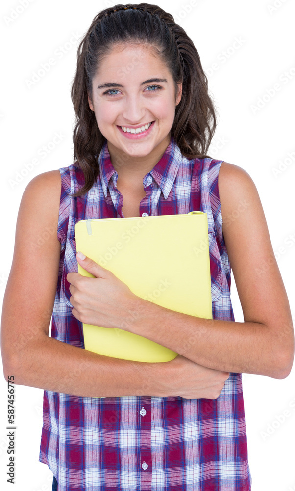 Pretty brunette looking at camera and holding notebook Pretty brunette looking at camera and holding notebook