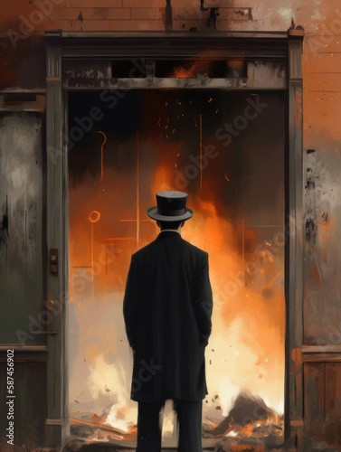 A man in a top hat standing with arms crossed in front of a burning building its doors locked shut.. AI generation.