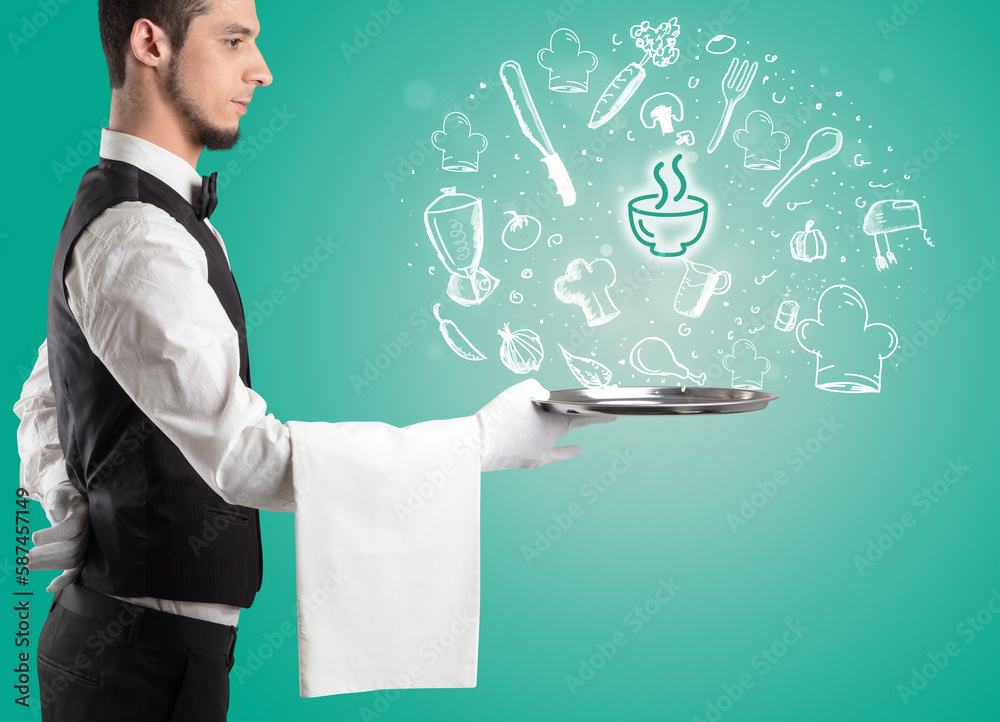 Waiter holding silver tray with food icons above Waiter holding silver tray with food icons above