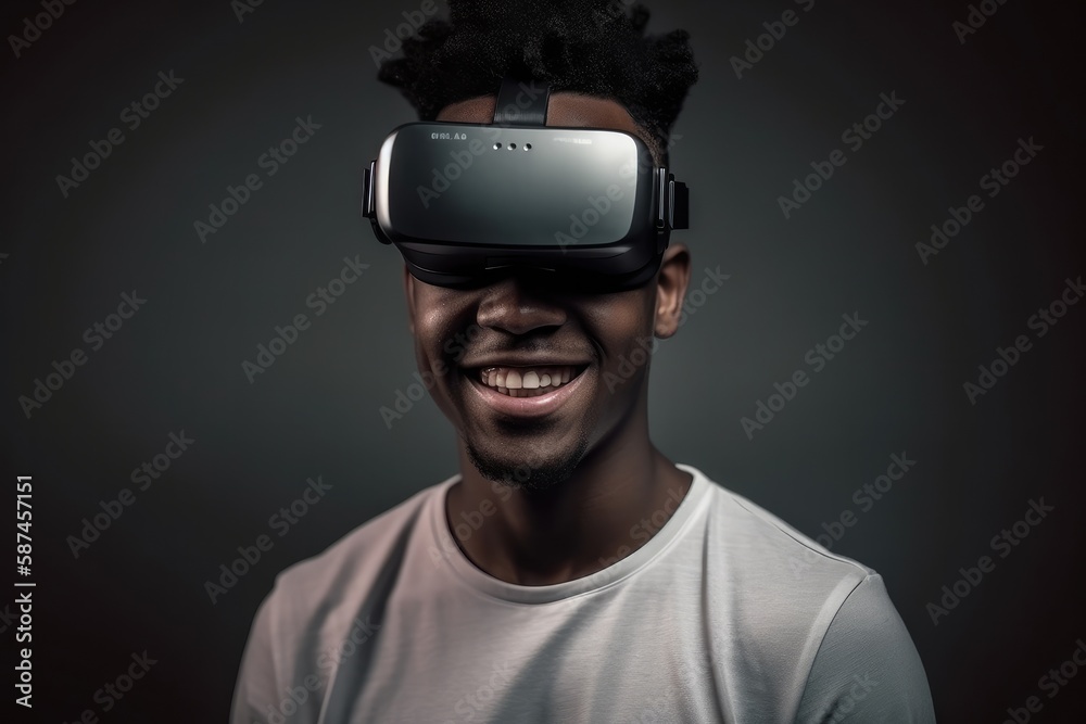 Happy young man using virtual reality glasses Generative AI Happy young man using virtual reality glasses Generative AI