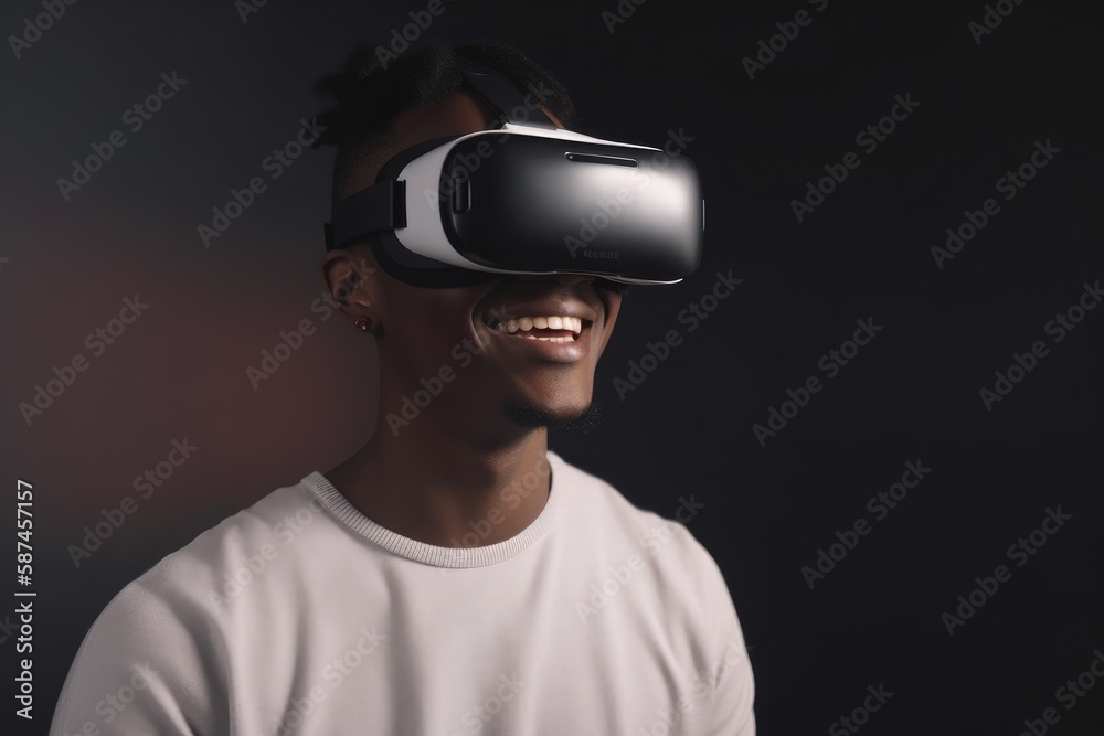 Happy young man using virtual reality glasses Generative AI Happy young man using virtual reality glasses Generative AI
