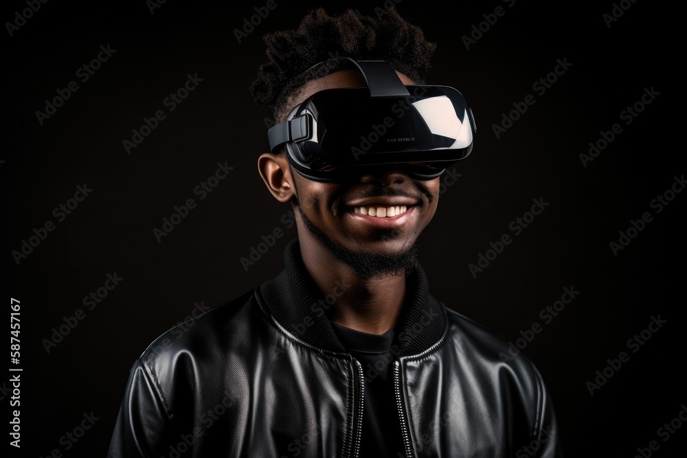 Happy young man using virtual reality glasses Generative AI Happy young man using virtual reality glasses Generative AI