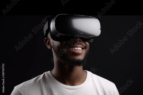 Happy young man using virtual reality glasses Generative AI © ChaoticMind