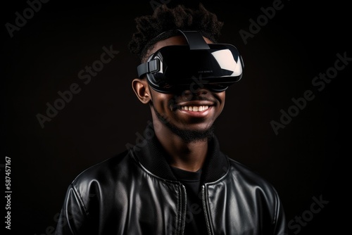 Happy young man using virtual reality glasses Generative AI © ChaoticMind