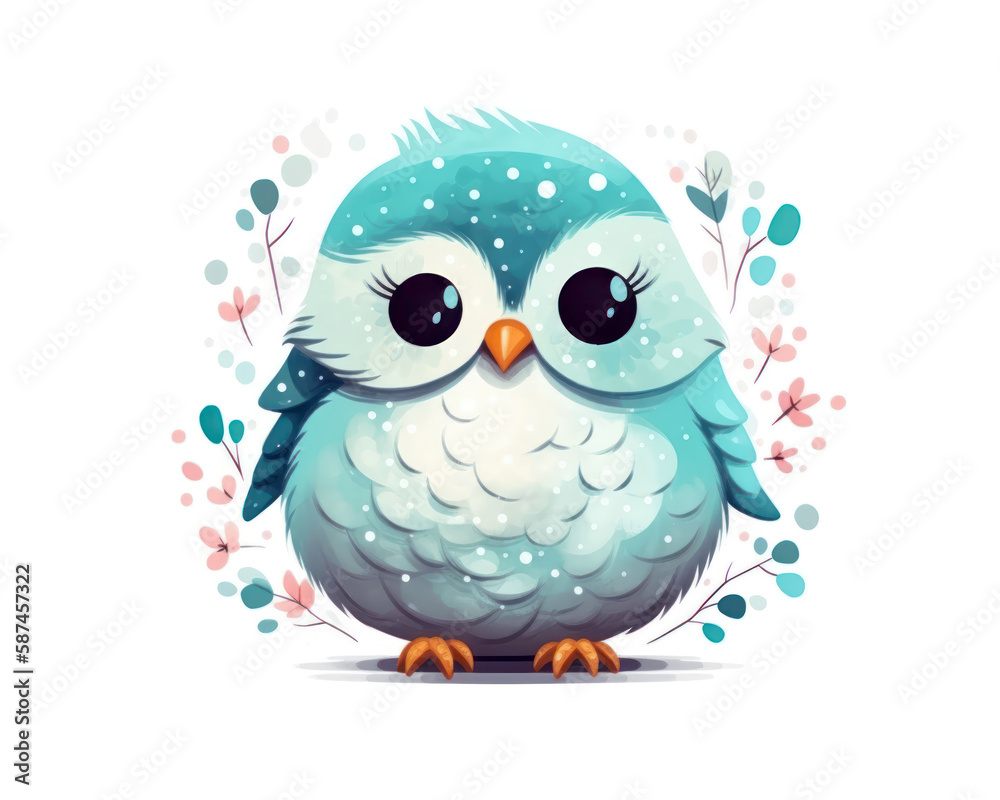 Fototapeta premium Cute cartoon blue owl with snowflakes. Vector illustration.