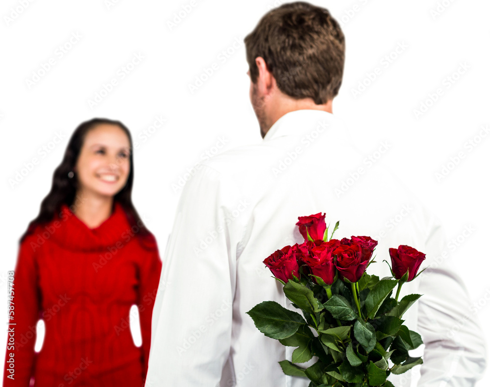 Man holding bouquet of roses with girlfriend Man holding bouquet of roses with girlfriend