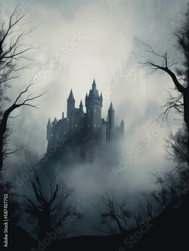 An eerie een fog hangs in the air cloaking the gothic castle in an eerie haunted atmosphere. Gothic art. AI generation.