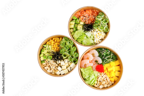 three poke bowls on a white background for an online restaurant menu