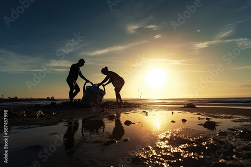 An inspiring image of two volunteers silhouetted against the sunset  diligently picking up litter from a polluted beach.