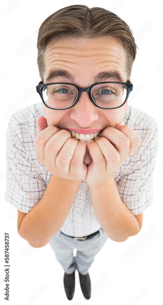 Geeky hipster looking nervously at camera Geeky hipster looking nervously at camera