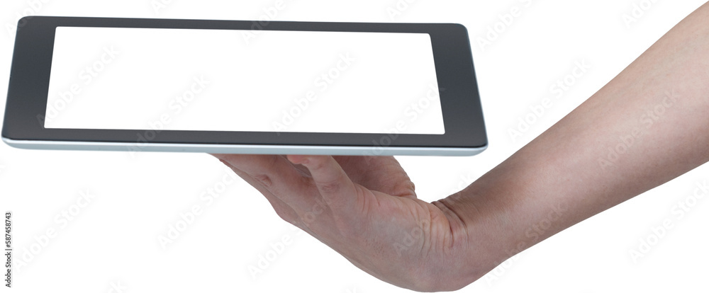 Human hand holding digital tablet against white background Human hand holding digital tablet against white background