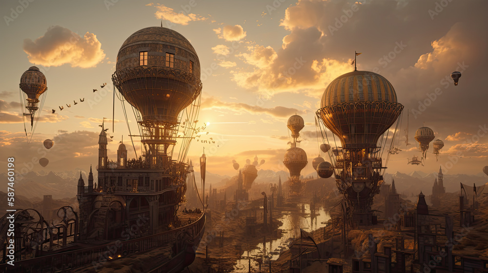 Illustration of a steampunk city.