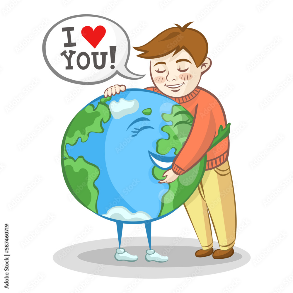 Boy hugs planet Earth and confesses his love to it. Earth Day 22 April vector illustration with white background. Ecology and save the Planet concept. Boy hugs planet Earth and confesses his love to it. Earth Day 22 April vector illustration with white background. Ecology and save the Planet concept.