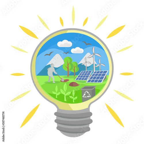 Environmental landscape with various ecological activities, recycling and alterative energy objects. Earth Day 22 April vector illustration with white background. Ecology and save the Planet concept.