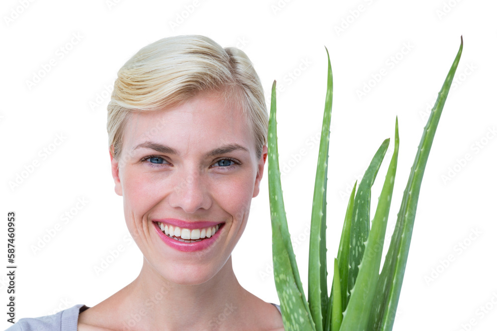 Naklejka premium Attractive woman holding aloe vera plant