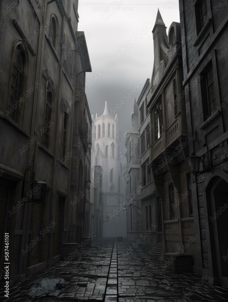 An eerie view of a cityscape with narrow cobblestone streets winding past eerie facades and looming gargoyles. Gothic art. AI generation.