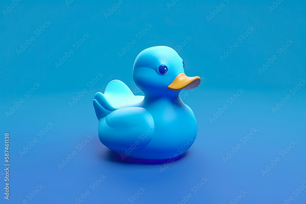 Cute blue toy duck figure isolated on pastel blue background. Copy space. Generative AI Cute blue toy duck figure isolated on pastel blue background. Copy space. Generative AI