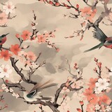 Japanese-style illustration of cherry blossom in spring, the beginning of spring season pink flowers on a tree with blue sparrows, floral background, Ai Generative