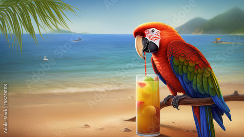 A parrot drinks a cocktail against the backdrop of a tropical sea