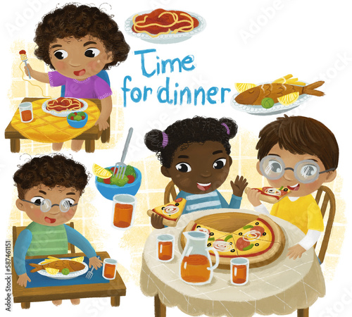 cartoon scene with boy and girl eating pizza for dinner illustration for kids
