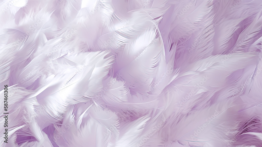 Digital lavender and white soft feathers and fur pattern texture background. Pastel purple fur and feathers pattern texture. Close up. generative AI