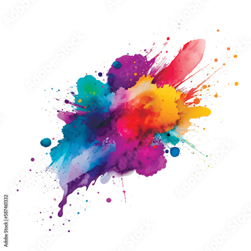 Bright colorful watercolor stain splash splatter brush stroke on white background. Modern vibrant aquarelle spot. Rainbow trendy isolated design on white. Element. Vector watercolor illustration
