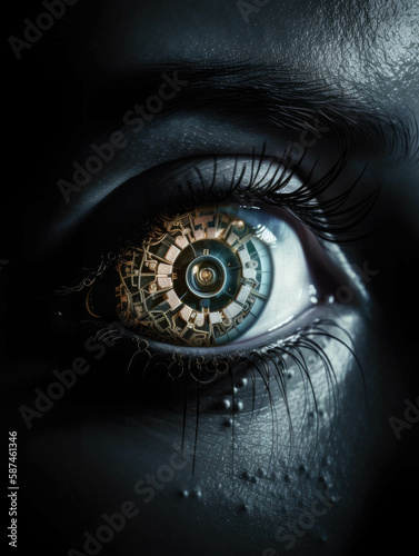 A person with a metal eye representing the integration of machine into the human body.. AI generation.