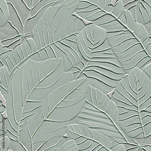 Emboss 3d light green leaves tropical vector pattern. Tropic plants textured leafy background. Surface 3d leaves, branches ornaments. Leafy foliage jungle backdrop. Endless ornate grunge texture