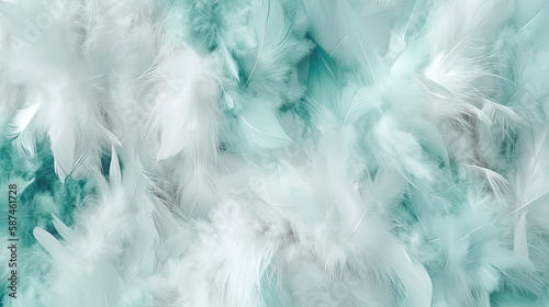 Verdigris and white soft feathers and fur pattern texture background. Pastel green color fur and feathers pattern texture. Close up. generative AI