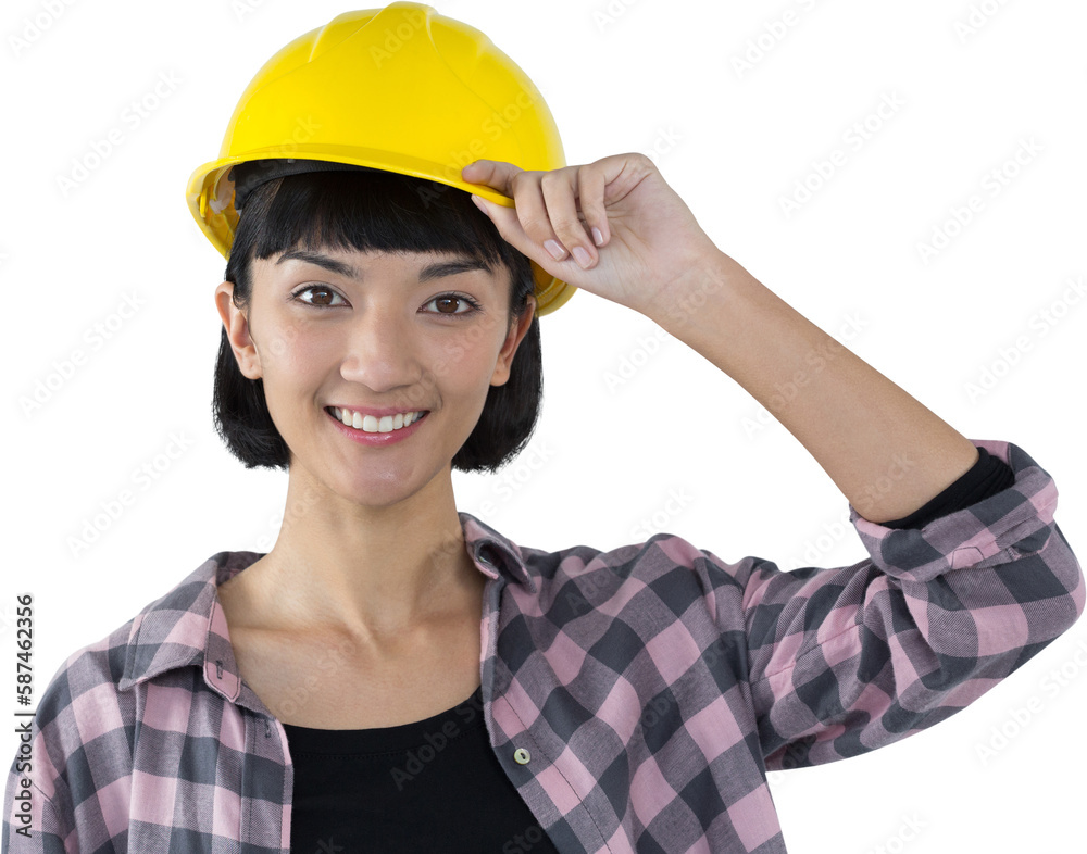 Female architect in hard hat standing against white background Female architect in hard hat standing against white background