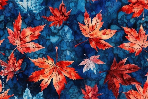 autumn leaves in warm hues against a cool blue backdrop. Generative AI