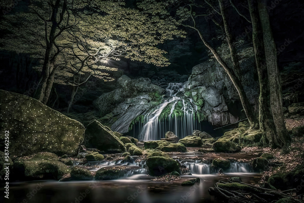 Fototapeta premium Nighttime Serenity: A Majestic Waterfall Illuminated by Moonlight, ai generative