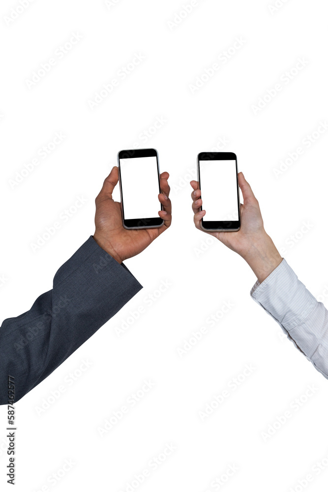Hands of man and woman holding mobile phones Hands of man and woman holding mobile phones