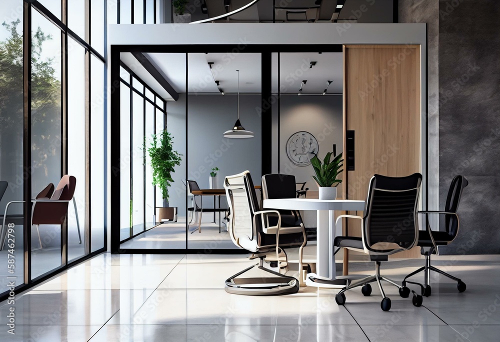 Side view on white glossy meeting table and wheel chairs in ...