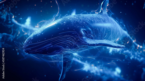 Blue neon whales travelling through space, galaxies. Space and galaxy background, wallpaper. Generative AI