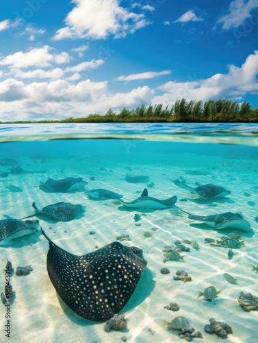 Sparkling turquoise waters are teeming with a vibrant array of exuberant sealife.. AI generation.
